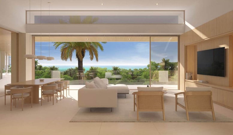 Interior view of Casa de los Sueños, a luxury haven with exquisite design, overlooking a beachfront vista
